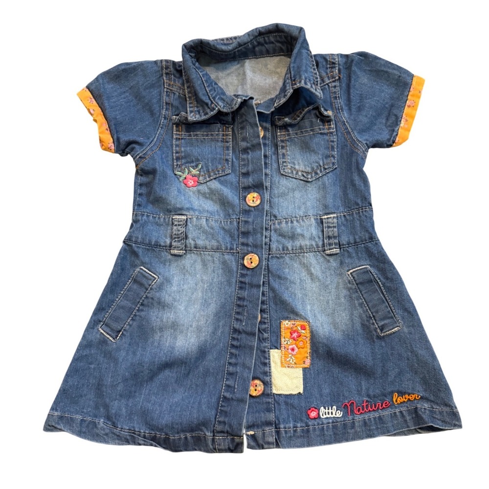 Overdo World of Kids Girls Blue Denim Floral Embroidered Button‎ Front Dress 2